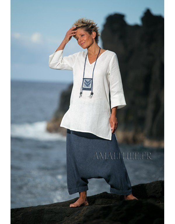 Natural white fine linen tunic with a denim blue chambray linen harem pants