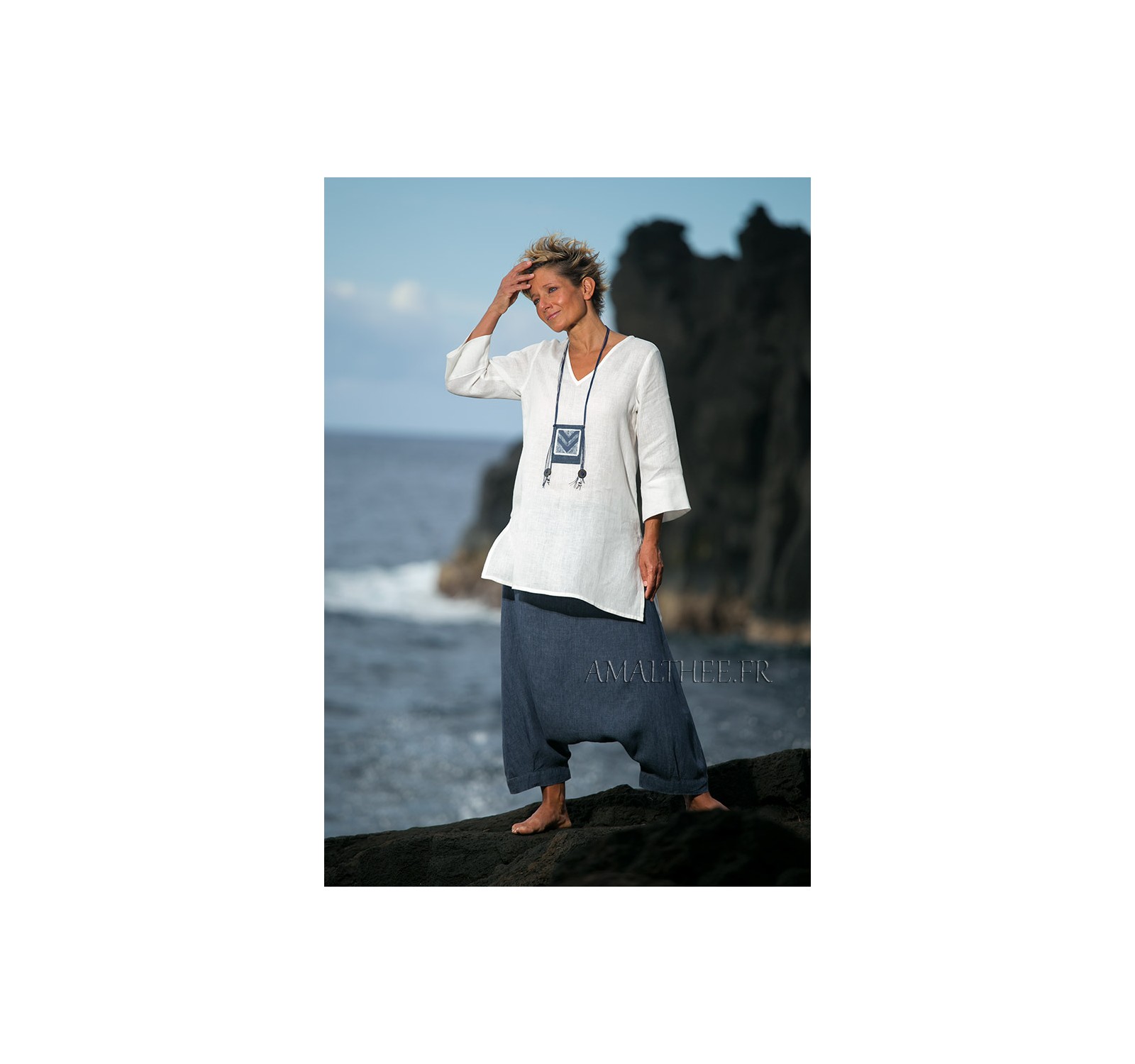 Natural white fine linen tunic with a denim blue chambray linen harem pants