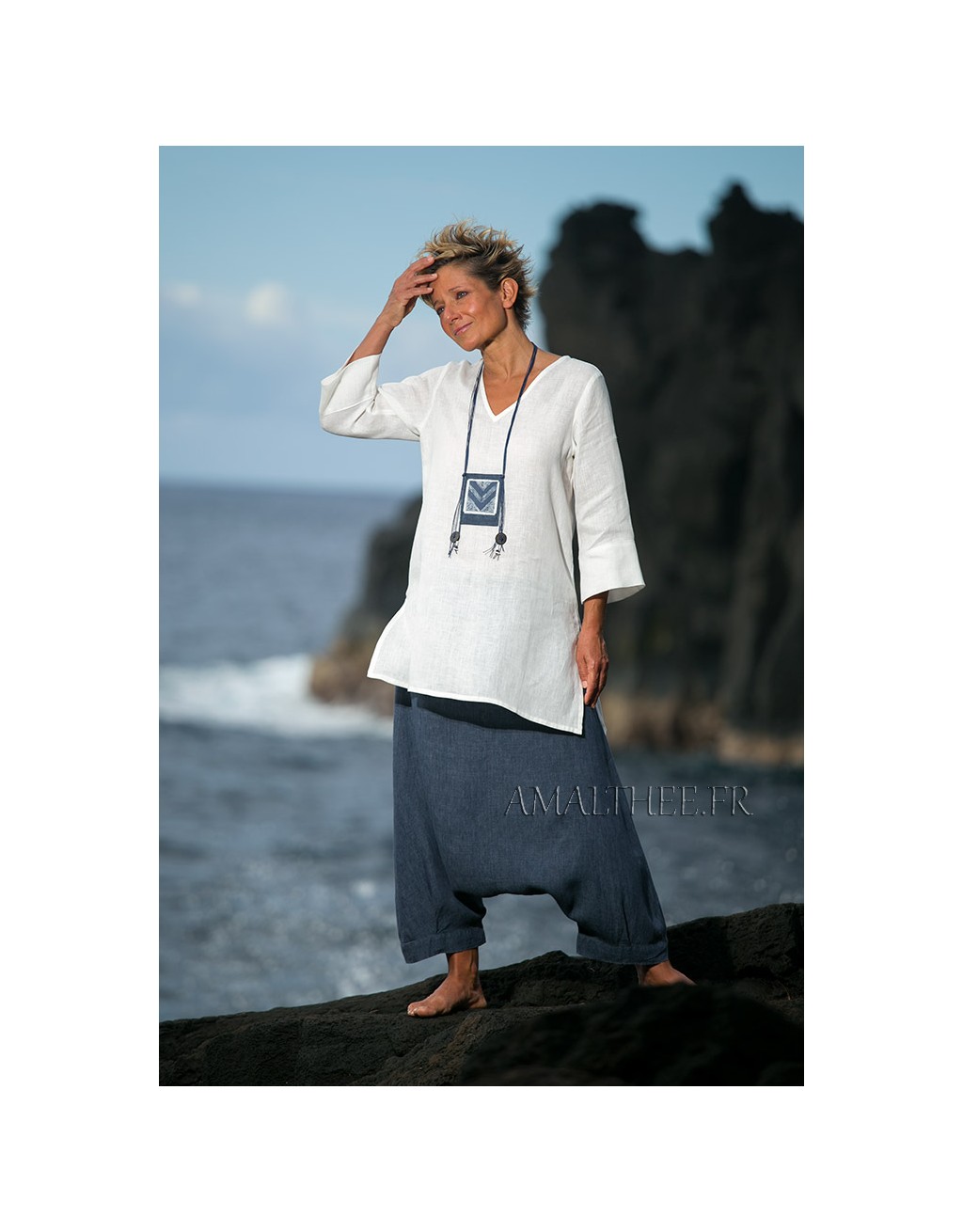 Natural white fine linen tunic with a denim blue chambray linen harem pants