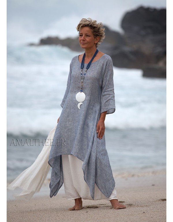 Blue linen gauze tunic with...
