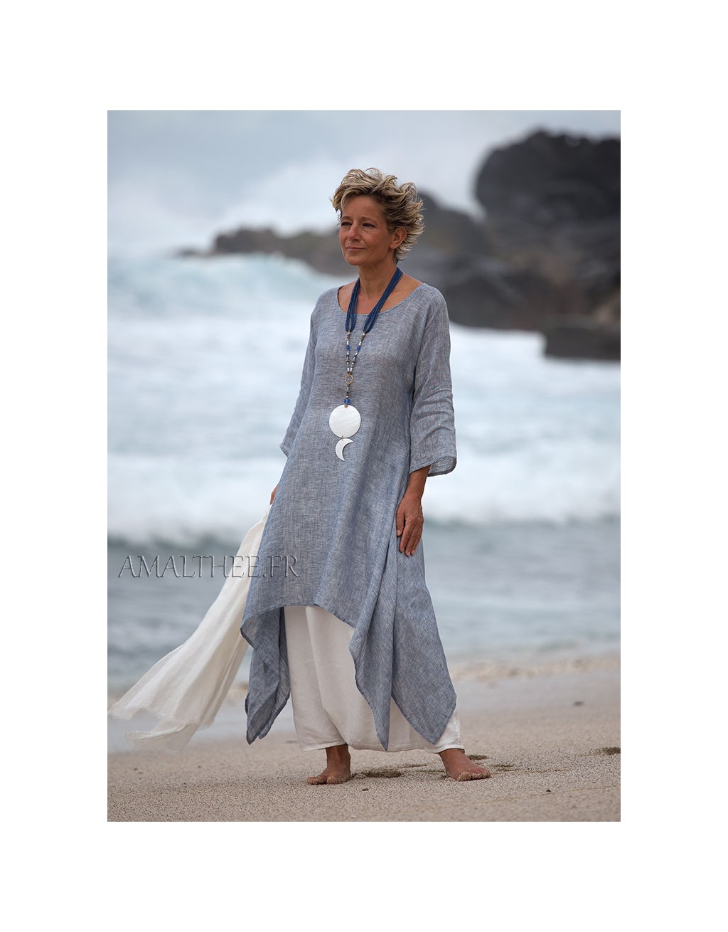 Blue linen gauze tunic with white sarouel skirt
