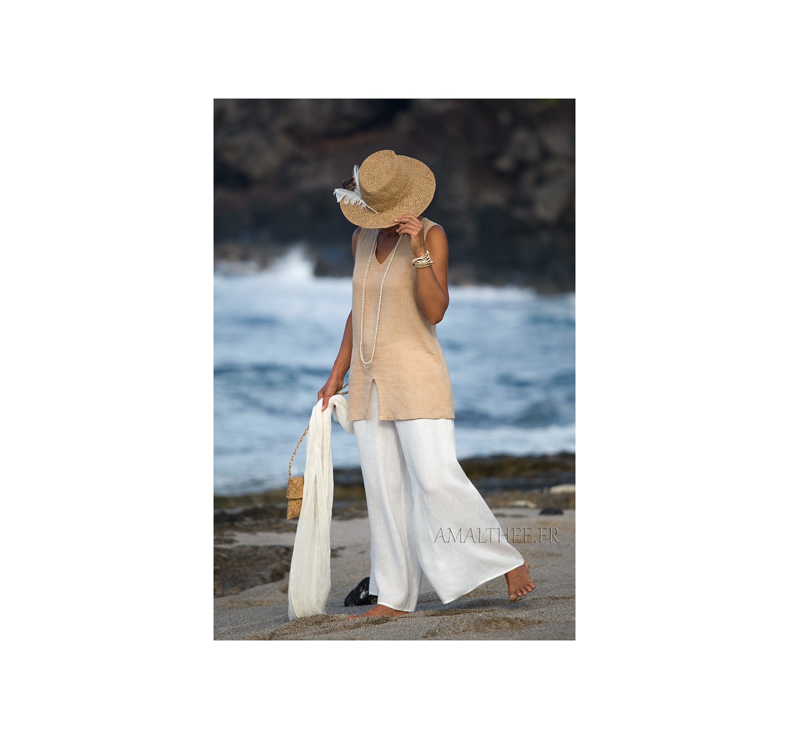 Flax linen summer outfit: beige top and white flare pants