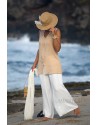 Flax linen summer outfit: beige top and white flare pants