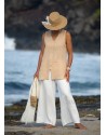 Flax linen summer outfit: beige top and white flare pants