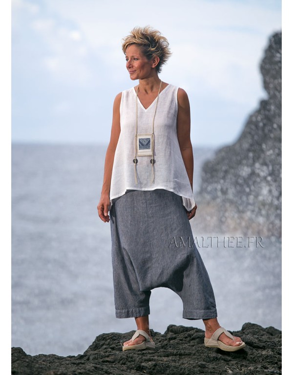 Striped denim linen sarouel with white linen gauze top