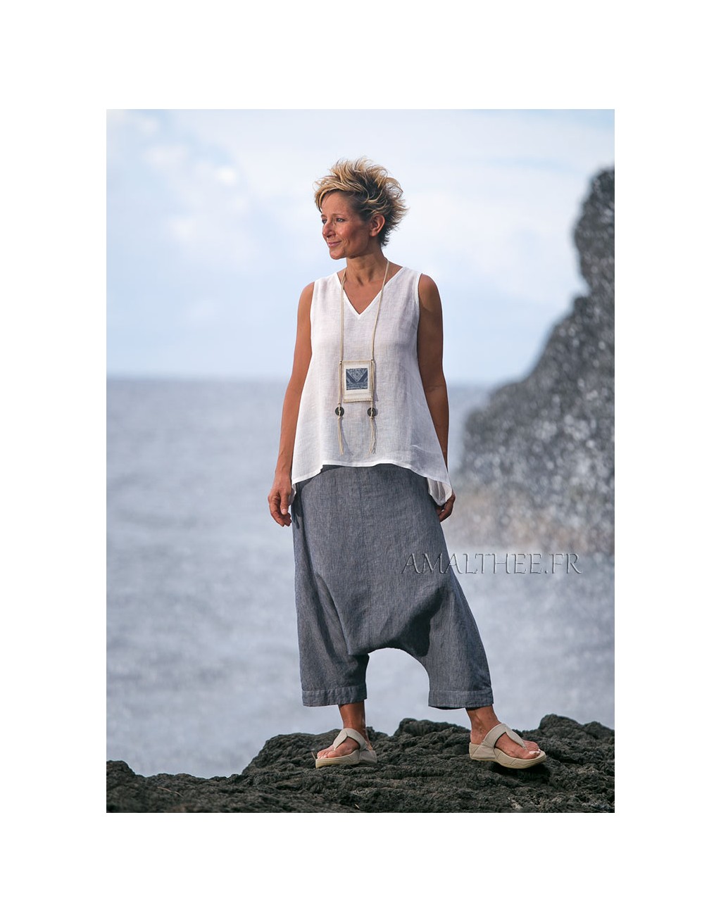 Striped denim linen sarouel with white linen gauze top