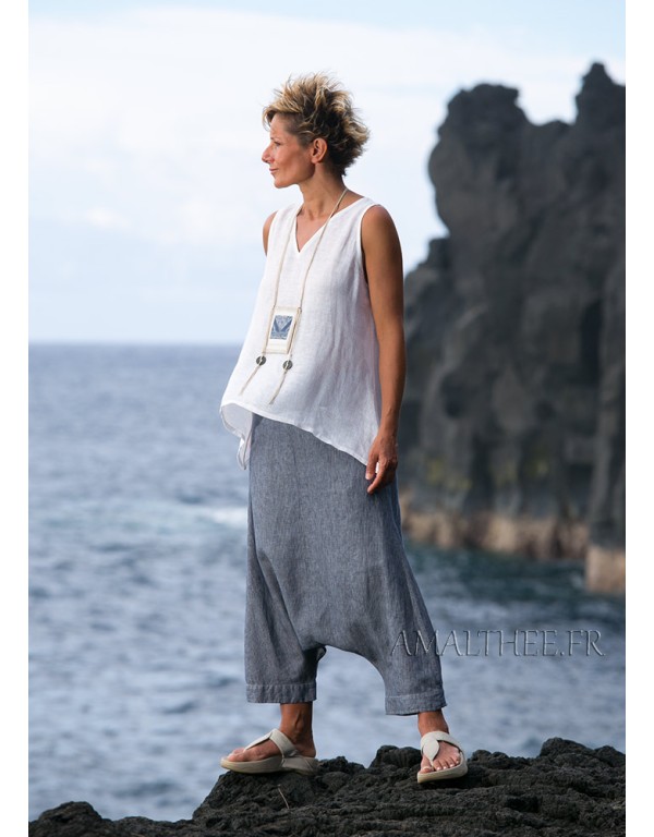 Striped denim linen sarouel with white linen gauze top