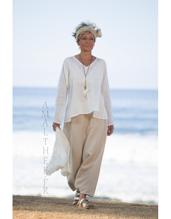 Natural white linen gauze tunic Dana  flared on the hips and V necklin