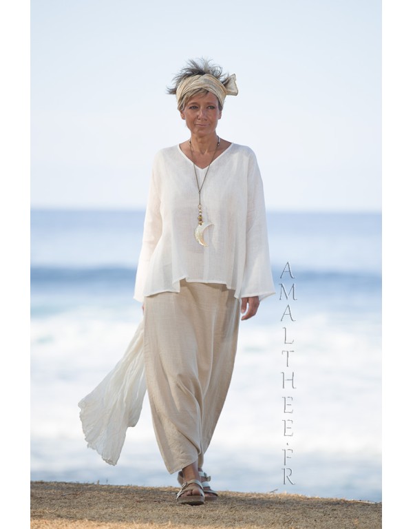 Natural white linen gauze tunic Dana  flared on the hips and V necklin