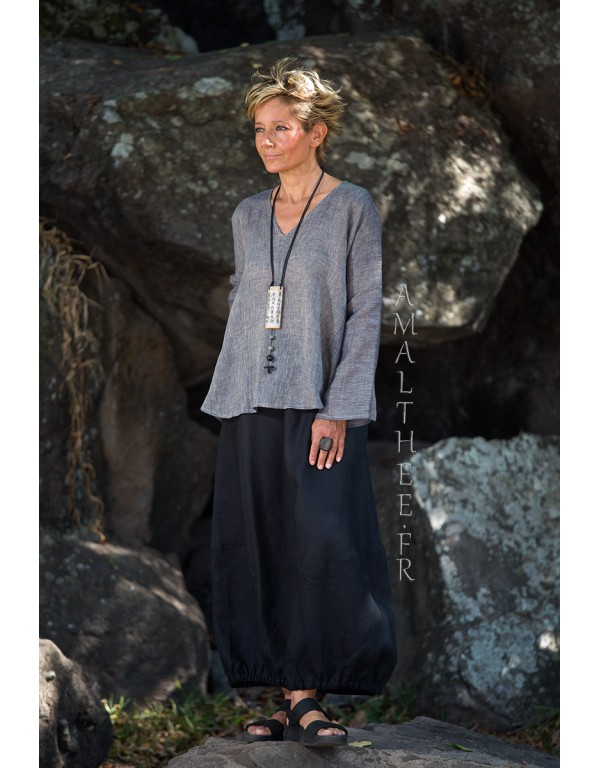 Dana tunic set in charcoal blue linen voile and  linen zoe skirt: a tulip cut with multiple panels