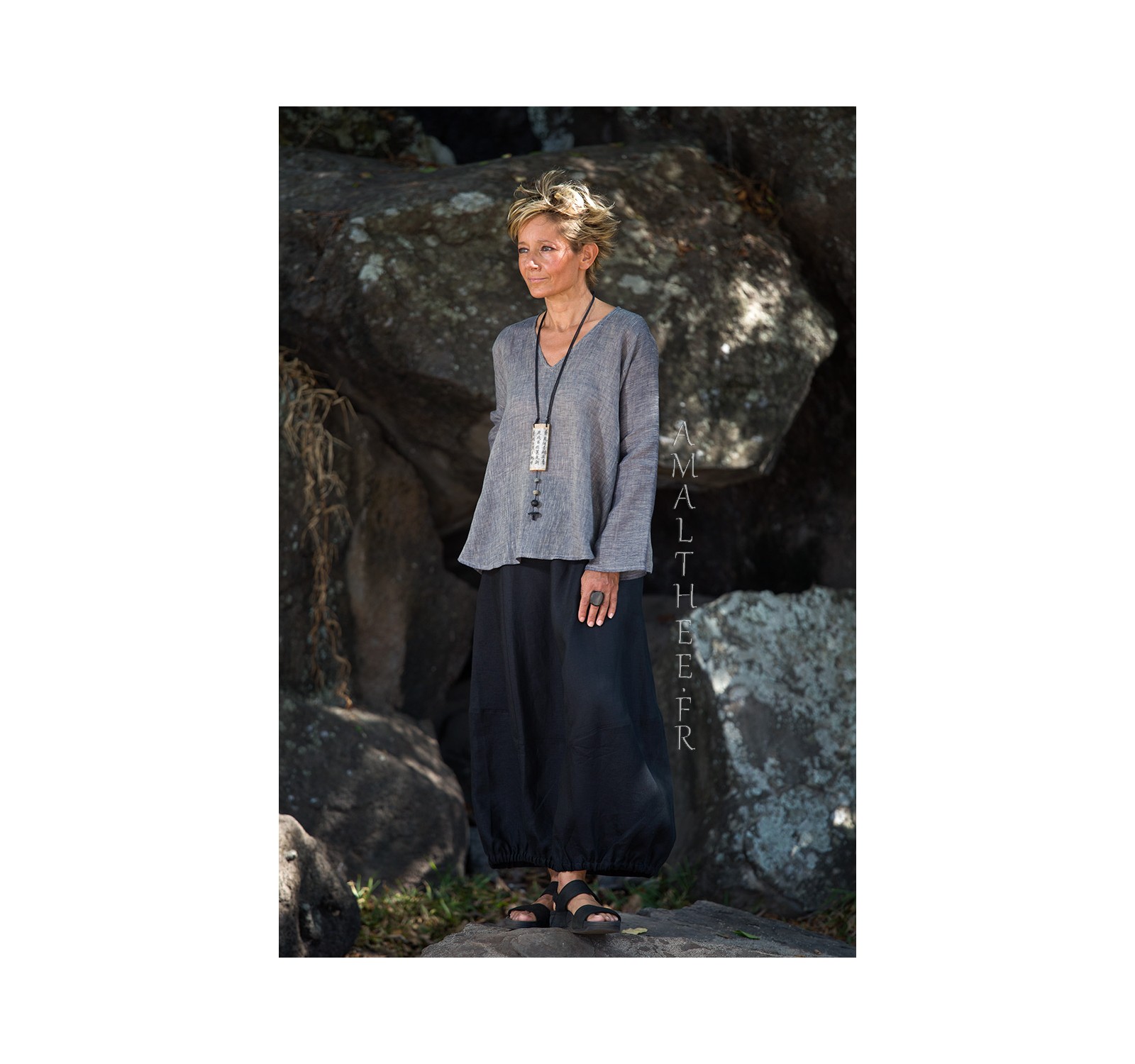 Dana tunic set in charcoal blue linen voile and  linen zoe skirt: a tulip cut with multiple panels