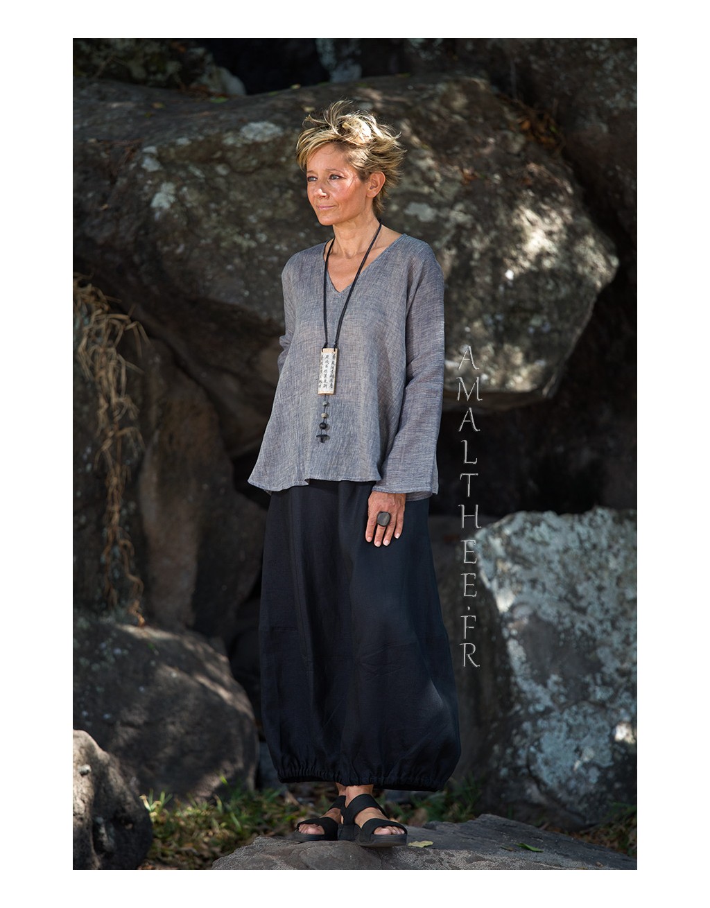 Dana tunic set in charcoal blue linen voile and  linen zoe skirt: a tulip cut with multiple panels