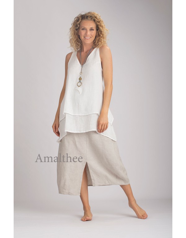 TRAPEZE TOP IN OFF-WHITE LINEN VEIL WITH OATMEAL ASSIA SKIRT