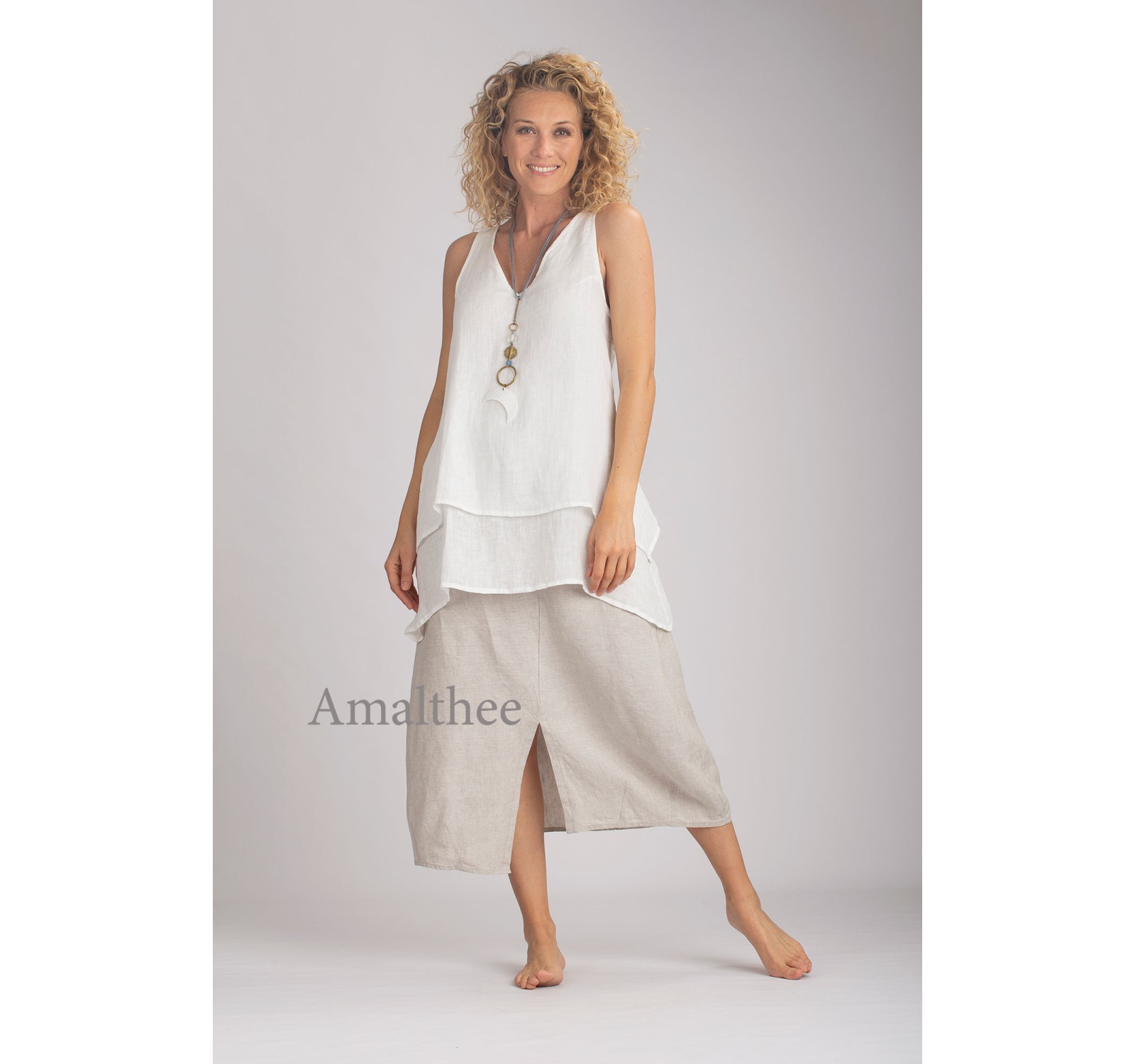 TRAPEZE TOP IN OFF-WHITE LINEN VEIL WITH OATMEAL ASSIA SKIRT