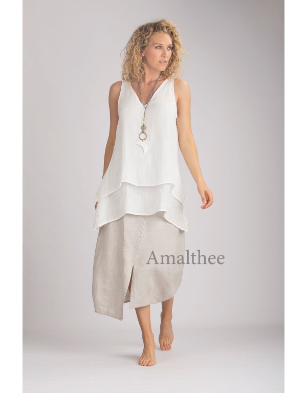 TRAPEZE TOP IN OFF-WHITE LINEN VEIL WITH OATMEAL ASSIA SKIRT