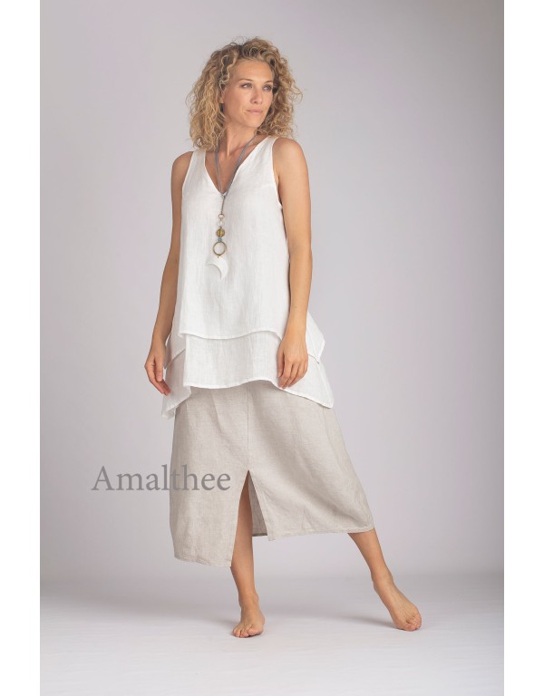 TRAPEZE TOP IN OFF-WHITE LINEN VEIL WITH OATMEAL ASSIA SKIRT