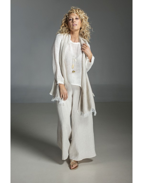 white knit linen top worn over our oatmeal line Baba  pants