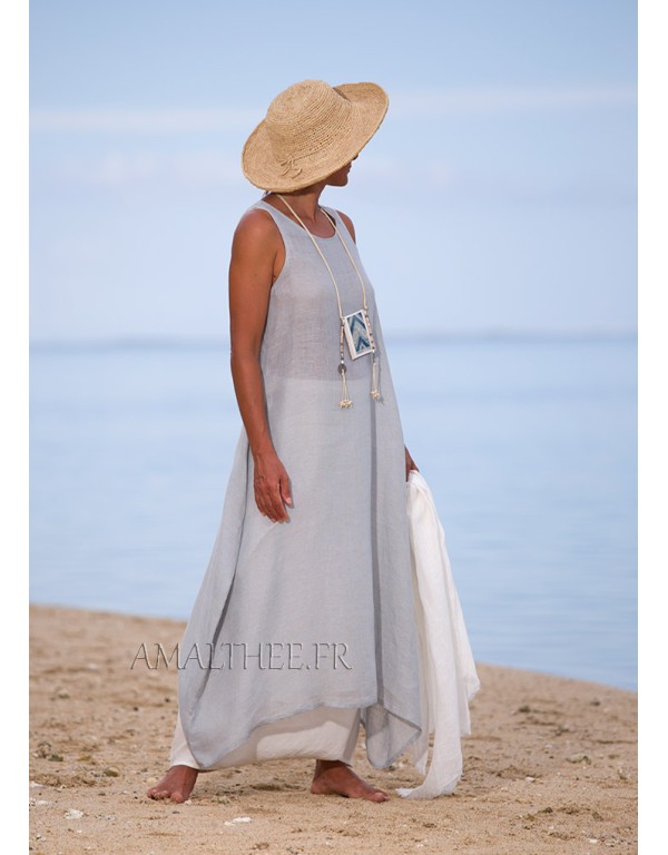Blue linen gauze tunic with an off white harem-pant