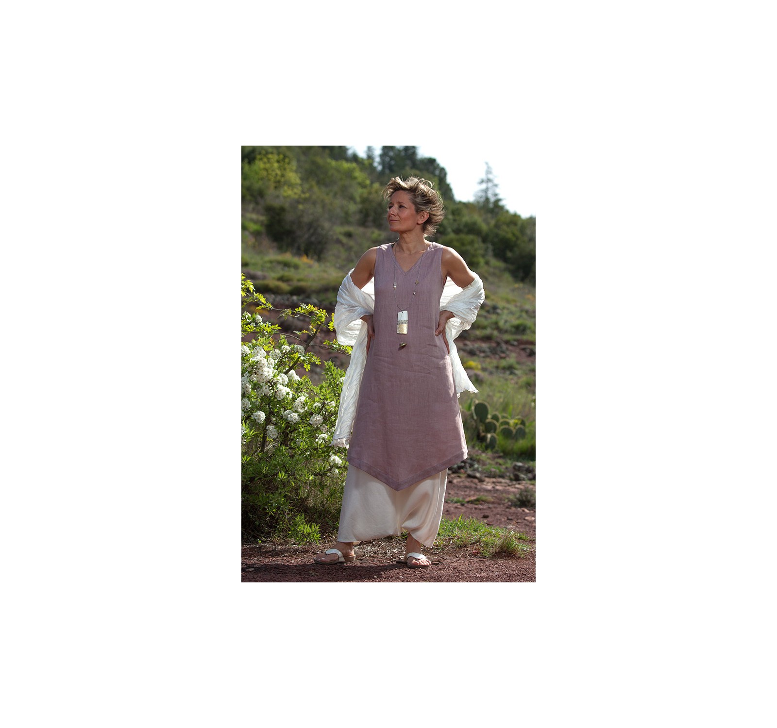 linen summer clothes: lilac color  tunic and sarouel-skirt