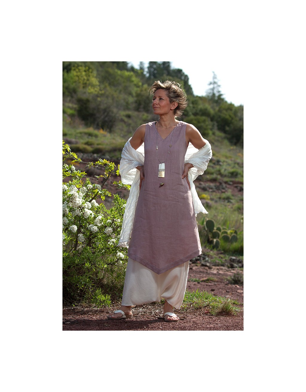 linen summer clothes: lilac color  tunic and sarouel-skirt