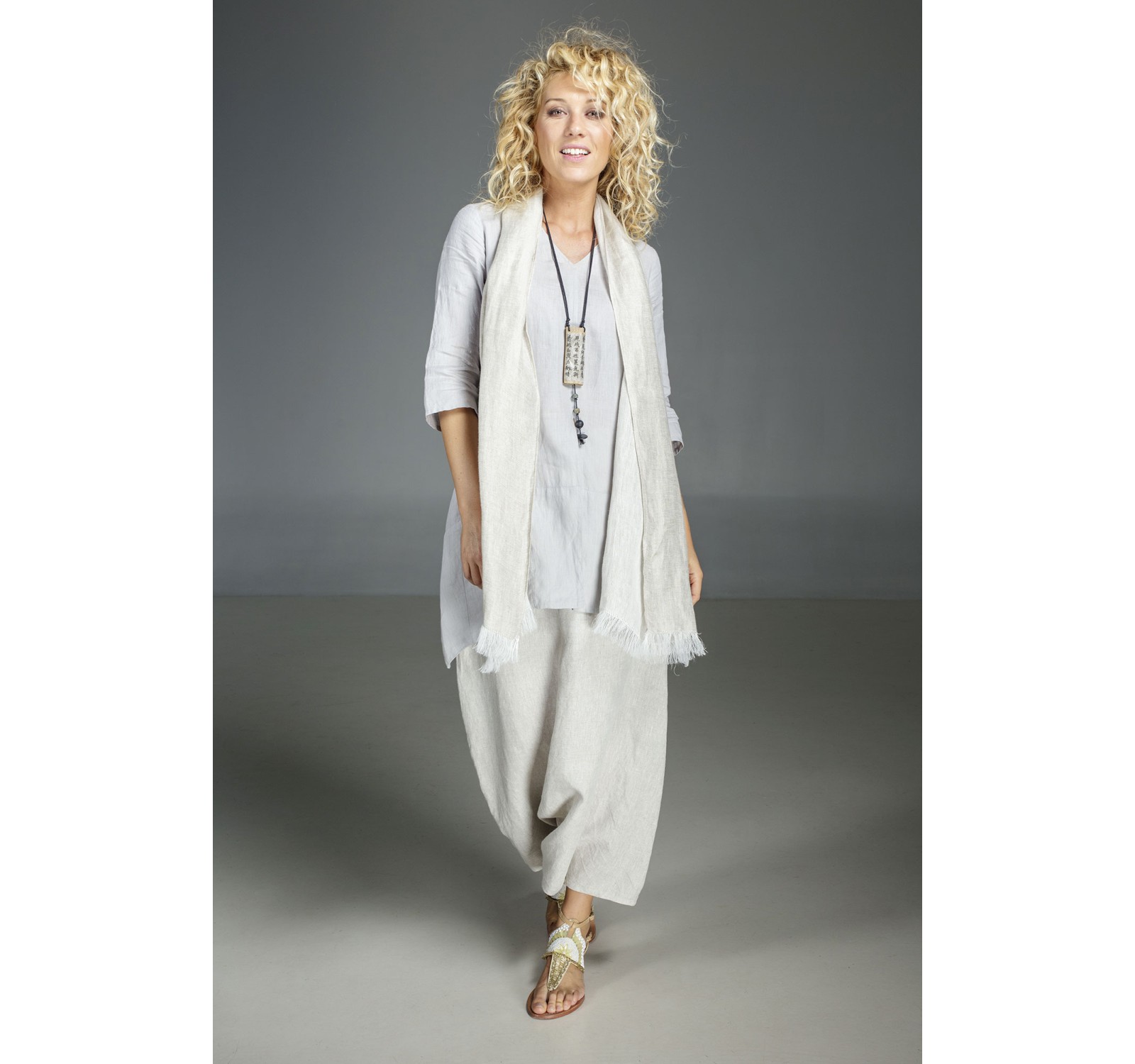 Our natural grey blue linen blouse Emilie and natural oatmeal linen sarouel