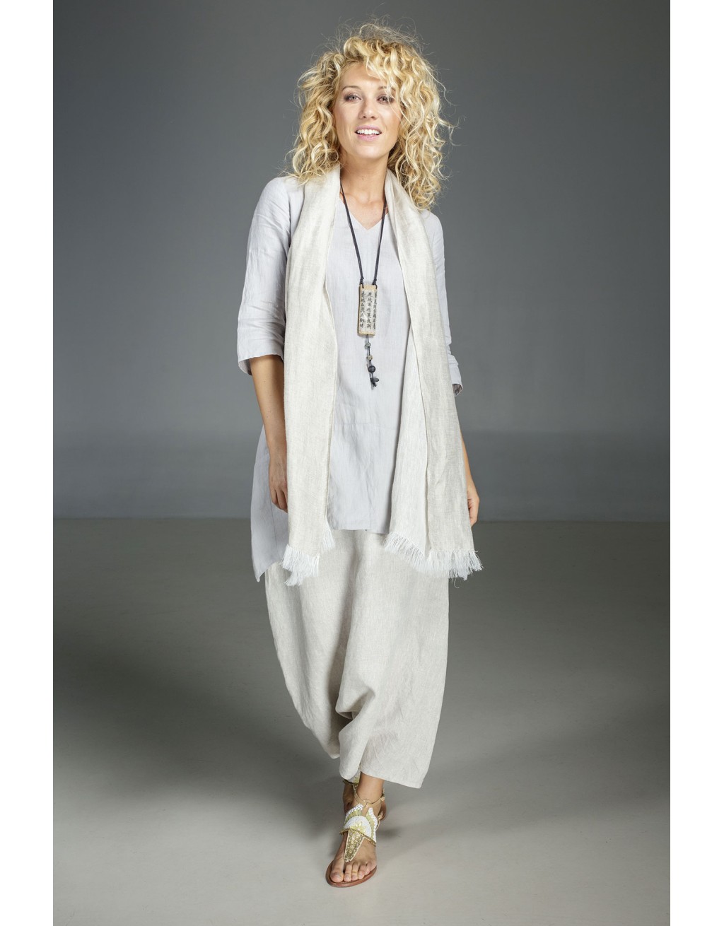 Our natural grey blue linen blouse Emilie and natural oatmeal linen sarouel