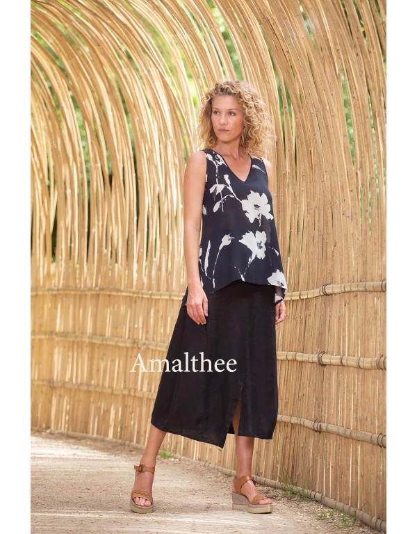 TRAPEZE TOP WITH FLORAL PRINTS IN VISCOSE AND ASSIA SKIRT IN BLACK LINEN