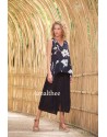 TRAPEZE TOP WITH FLORAL PRINTS IN VISCOSE AND ASSIA SKIRT IN BLACK LINEN