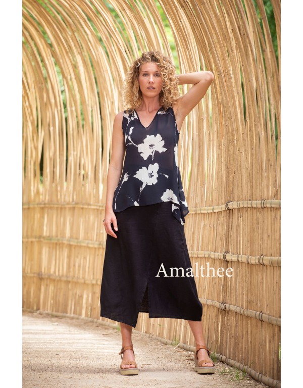 TRAPEZE TOP WITH FLORAL PRINTS IN VISCOSE AND ASSIA SKIRT IN BLACK LINEN