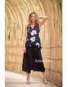 TRAPEZE TOP WITH FLORAL PRINTS IN VISCOSE AND ASSIA SKIRT IN BLACK LINEN