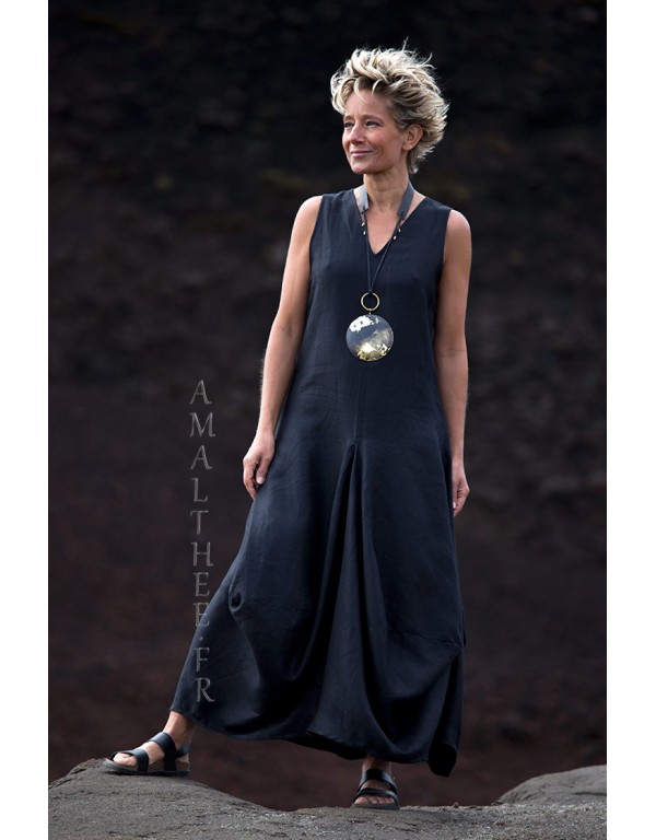 Long black linen summer dress with drape panels
