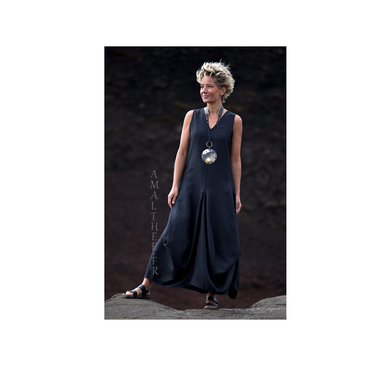 Long black linen summer dress with drape panels