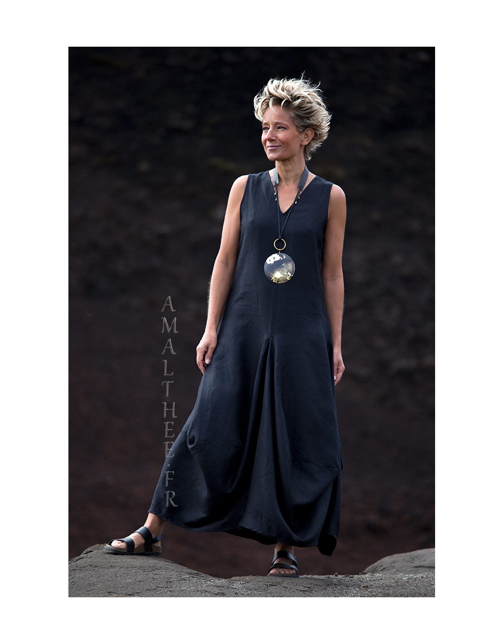 Long black linen summer dress with drape panels