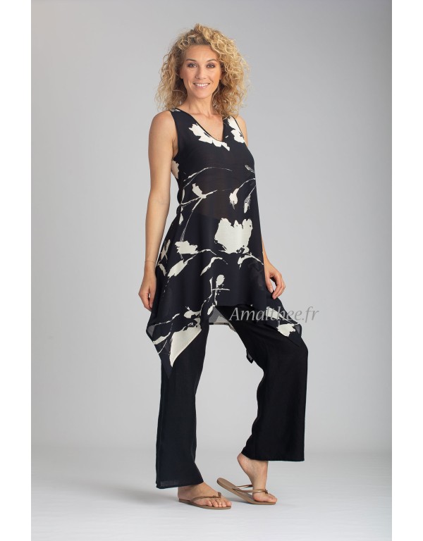 FLORAL PRINTED DAHLIA TUNIC WITH STRAIGHT LINEN BABA PANTS