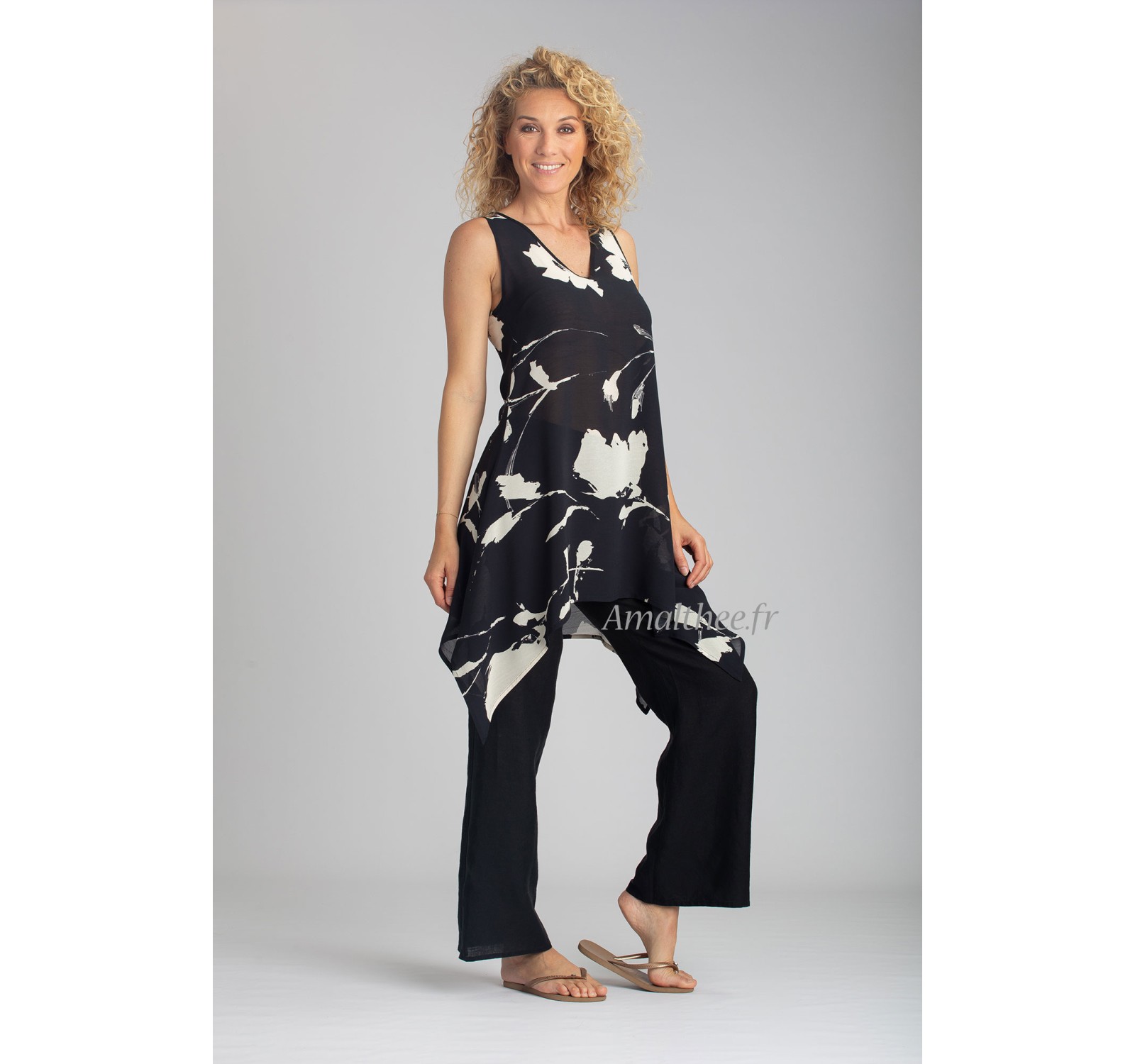 FLORAL PRINTED DAHLIA TUNIC WITH STRAIGHT LINEN BABA PANTS