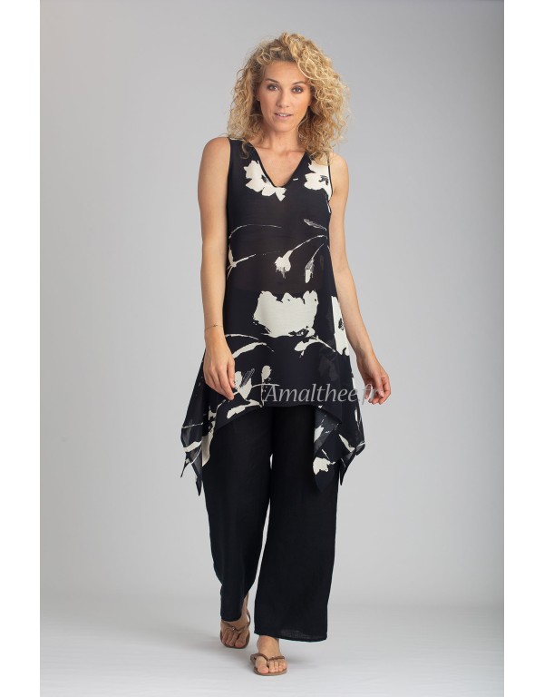 FLORAL PRINTED DAHLIA TUNIC WITH STRAIGHT LINEN BABA PANTS