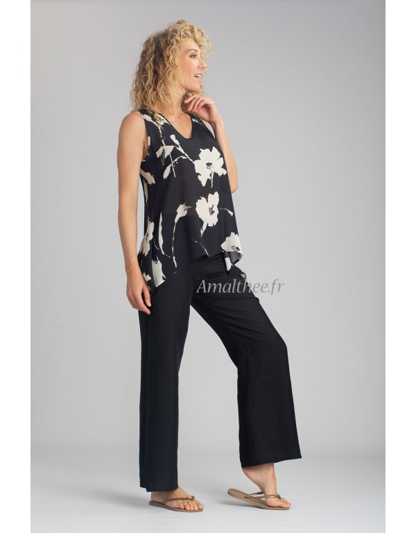 VESUVE TOP WITH FLORAL PRINTS WITH OUR BARBARA STRAIGHT BLACK LINEN PANTS