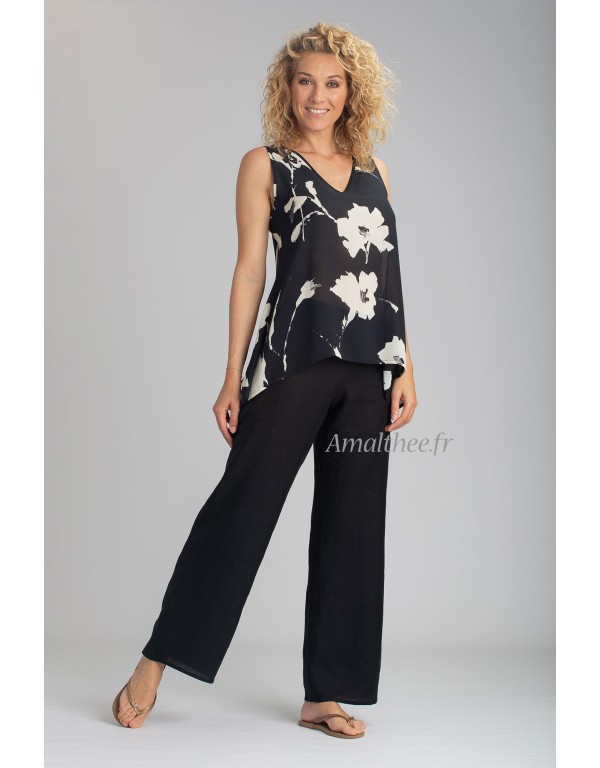 VESUVE TOP WITH FLORAL PRINTS WITH OUR BARBARA STRAIGHT BLACK LINEN PANTS