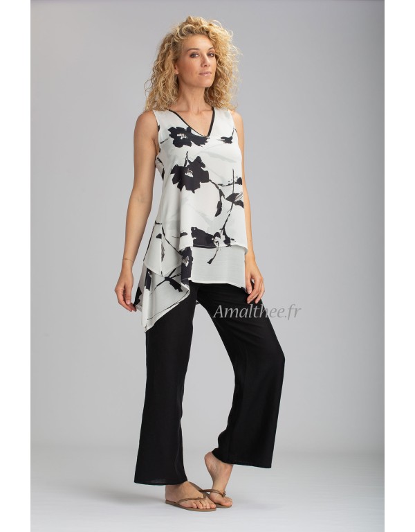 TRAPEZE TOP WITH FLORAL PRINTS AND BABA STRAIGHT PANTS IN BLACK LINEN