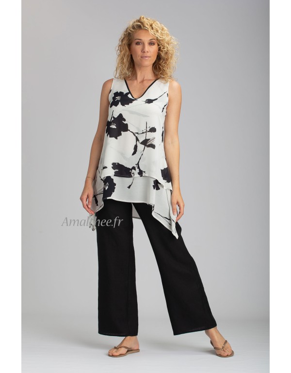 TRAPEZE TOP WITH FLORAL PRINTS AND BABA STRAIGHT PANTS IN BLACK LINEN