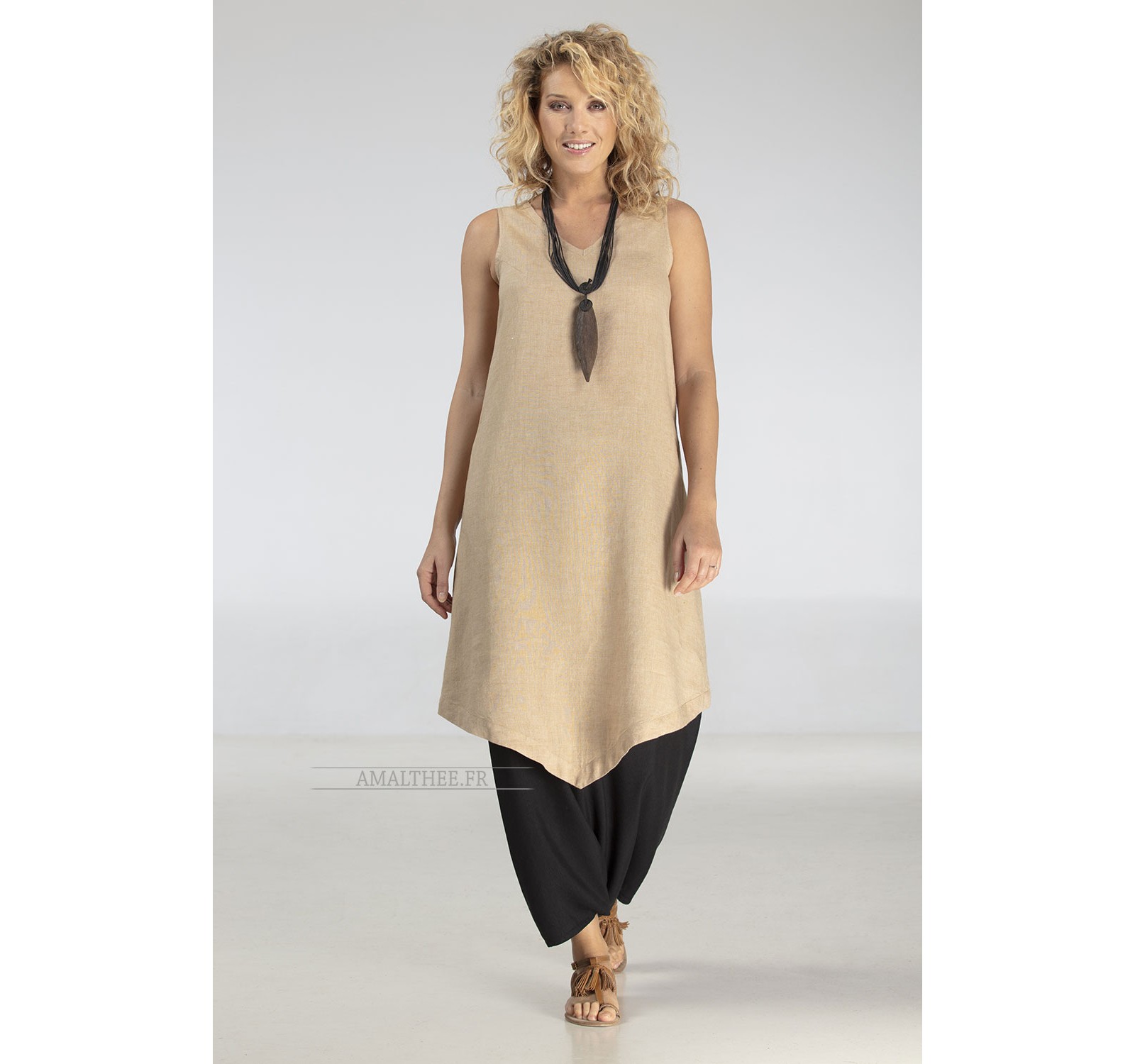 Flax linen outfit: long beige tunic and sarouel skirt