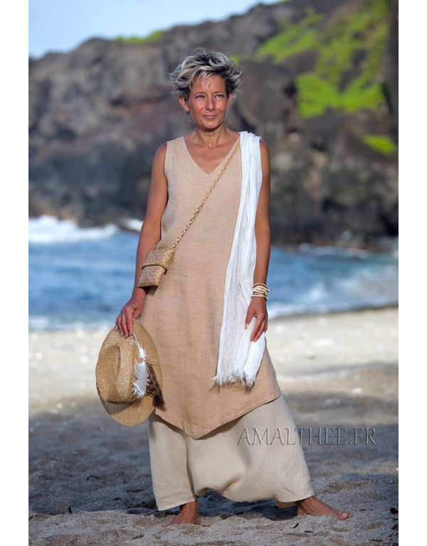 Flax linen outfit: long beige tunic and sarouel skirt