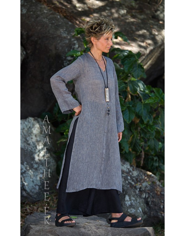 Asian style lovers: side slit charcoal linen gauze tunic Aozai