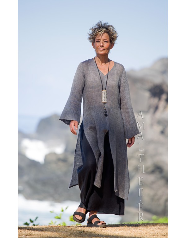 Asian style lovers: side slit charcoal linen gauze tunic Aozai