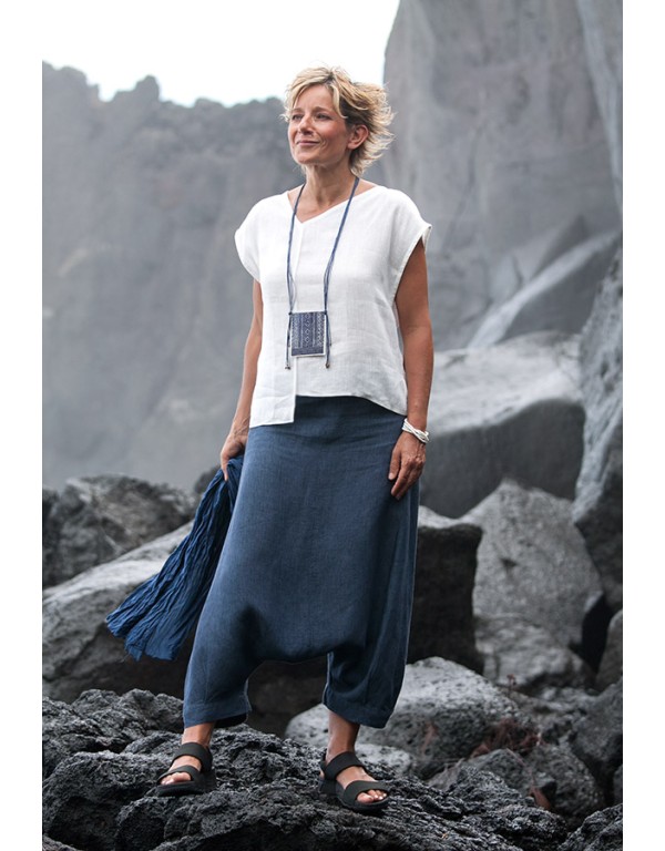 white linen asymmetrical"Square" Top and blue denim sarouel/skirt