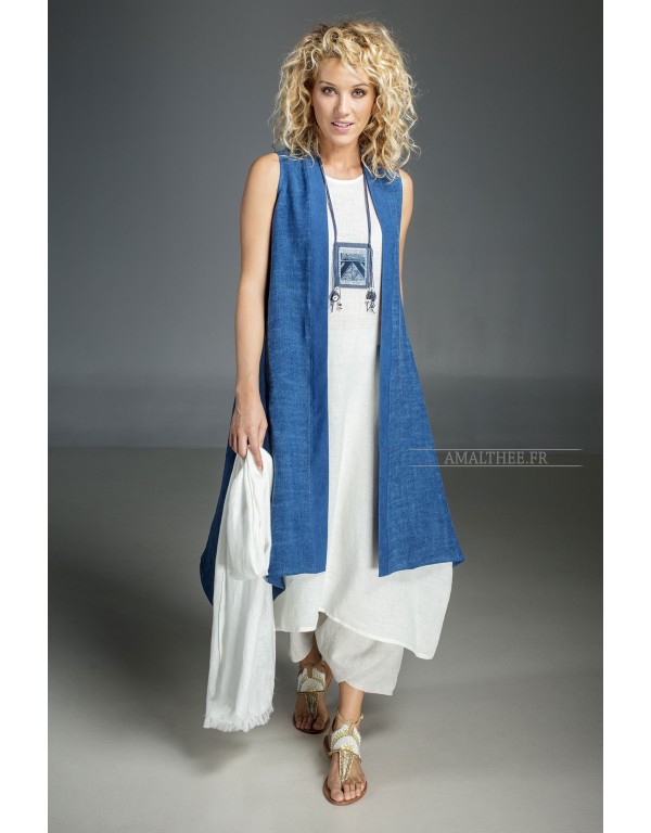 Long blue Indigo summer linen vest and white linen tunic