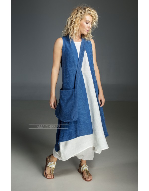 Long blue Indigo summer linen vest and white linen tunic