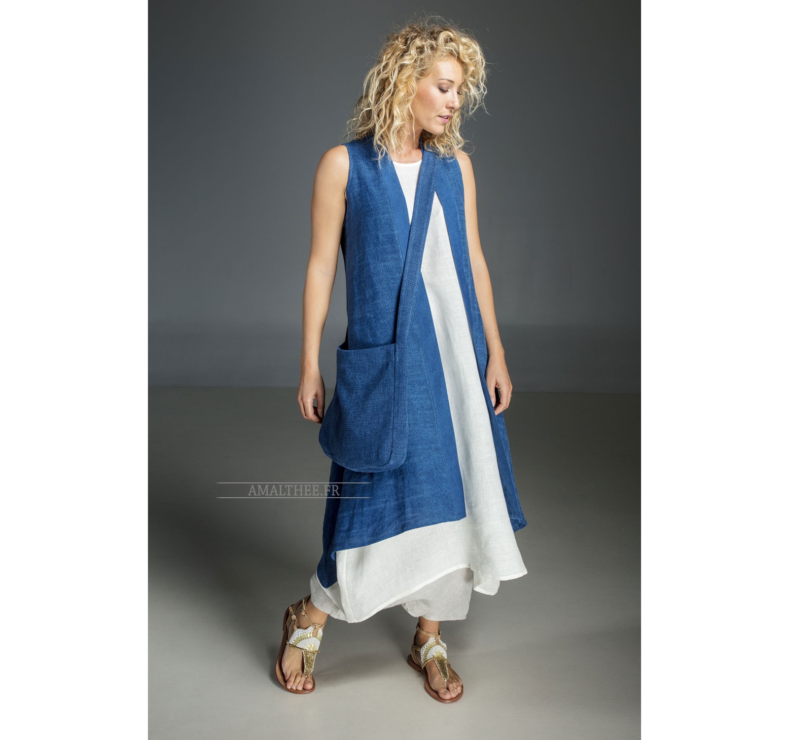 Long blue Indigo summer linen vest and white linen tunic