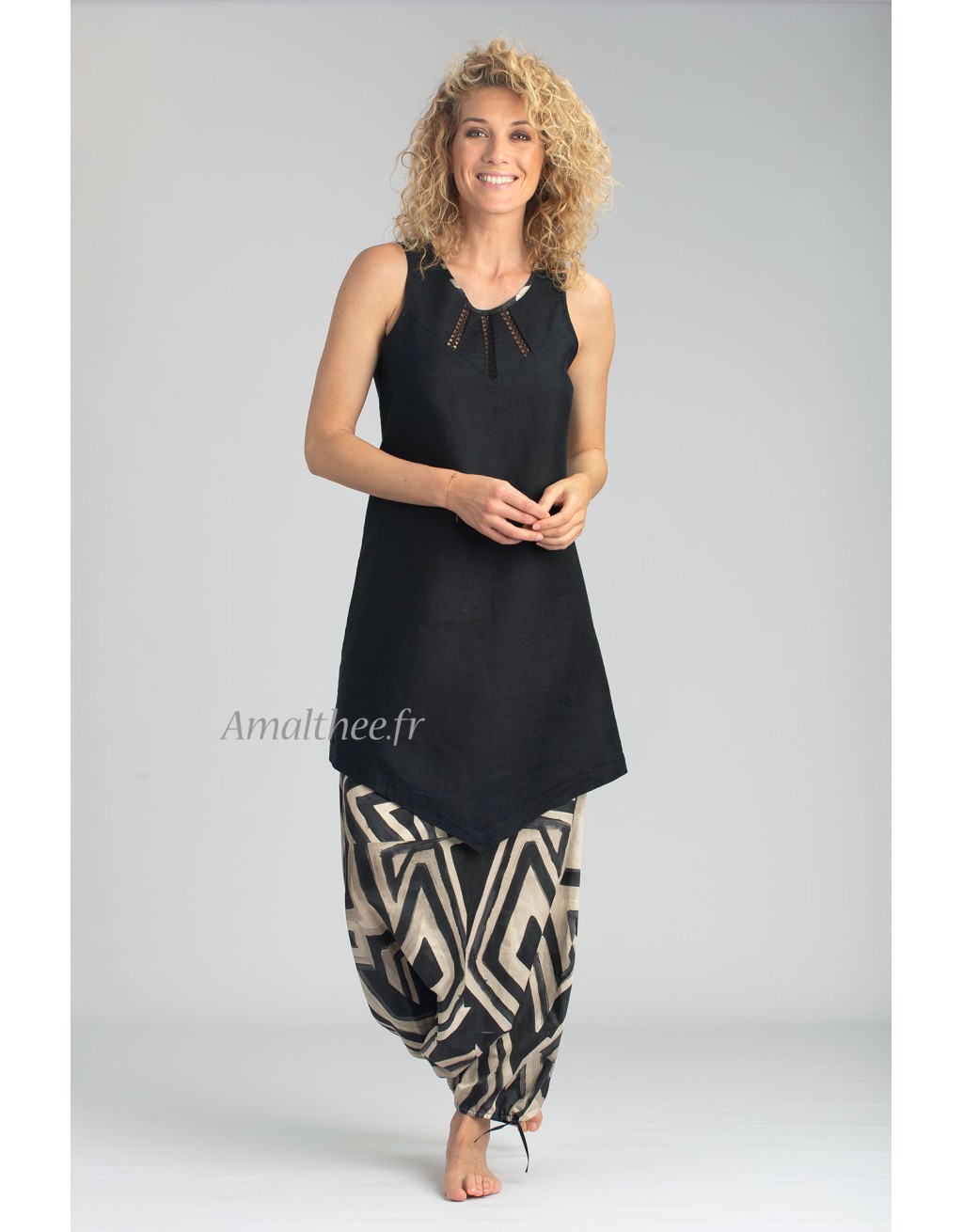 BLACK LOSANGE TUNIC WITH SAROUEL WITH ETHNIC PRINTS