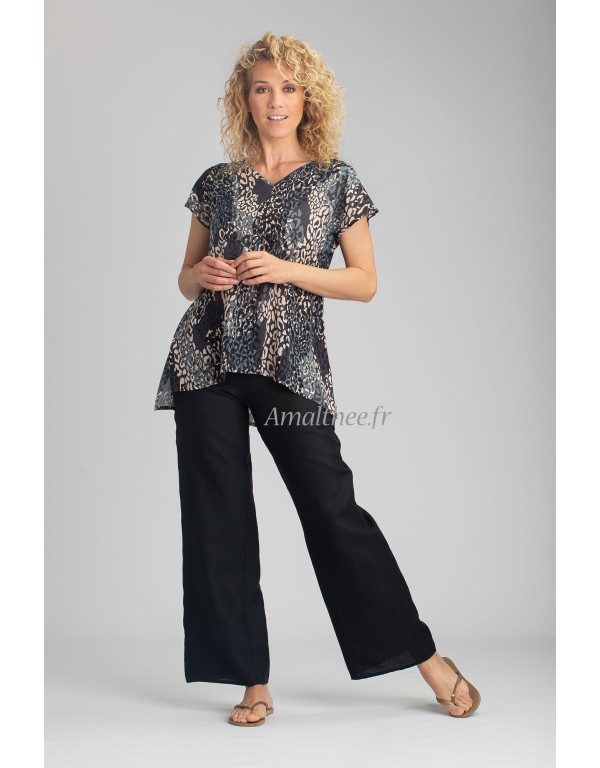 LYRA TUNIC WITH WATER GREEN PRINT AND BABA STRAIGHT BLACK LINEN PANTS